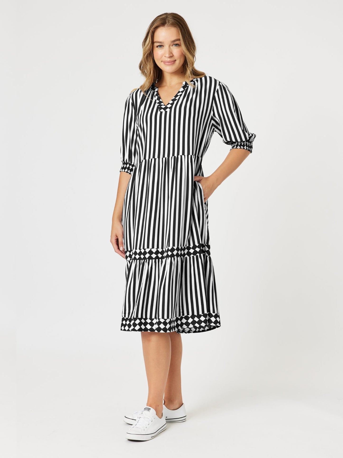 Threadz Harlequin Stripe Tier Dress (Black/White)