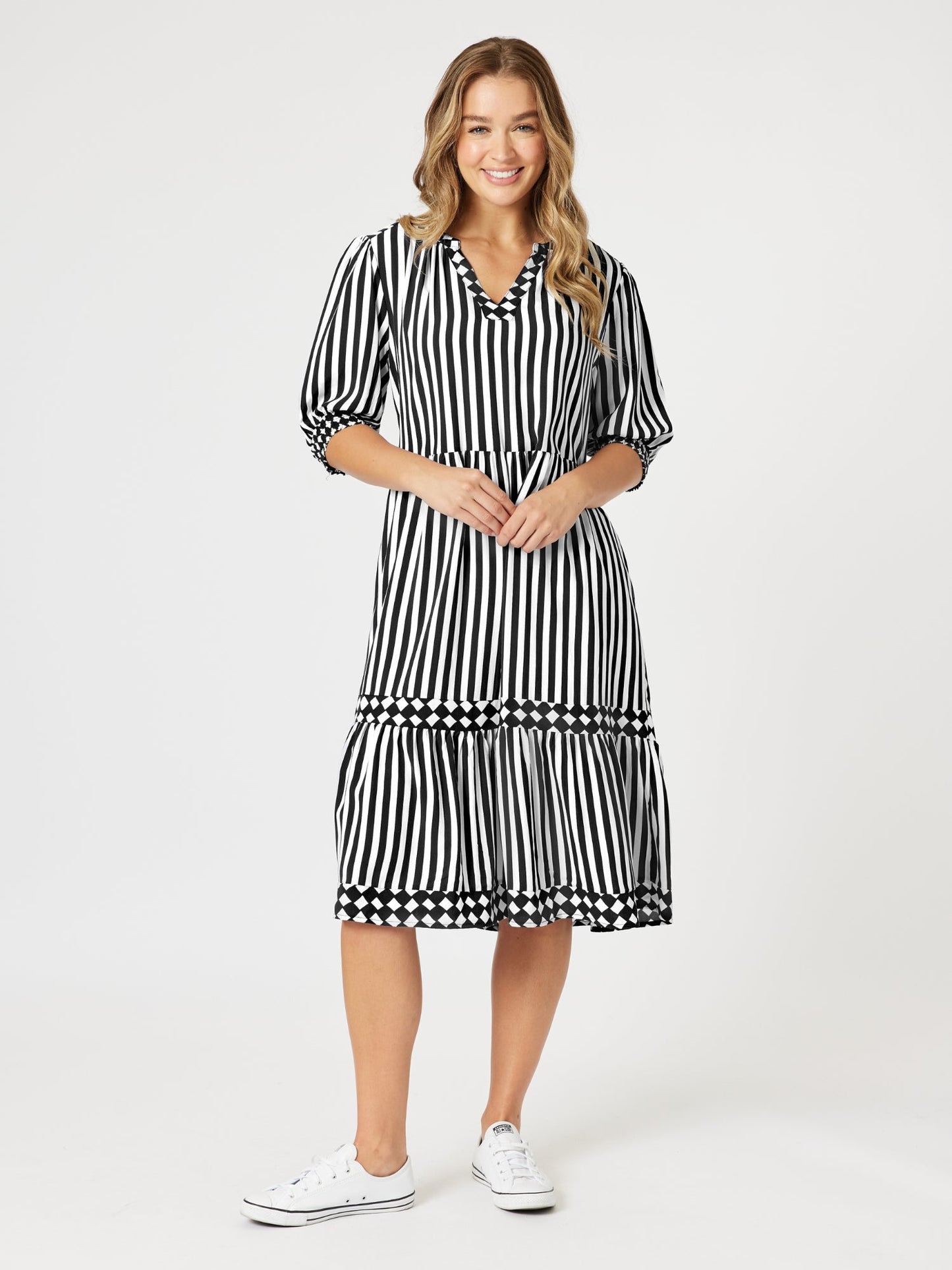 Threadz Harlequin Stripe Tier Dress (Black/White)