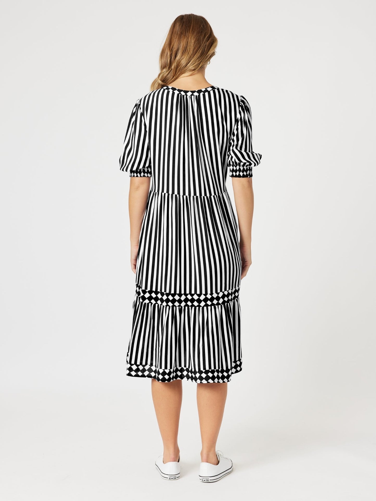 Threadz Harlequin Stripe Tier Dress (Black/White)
