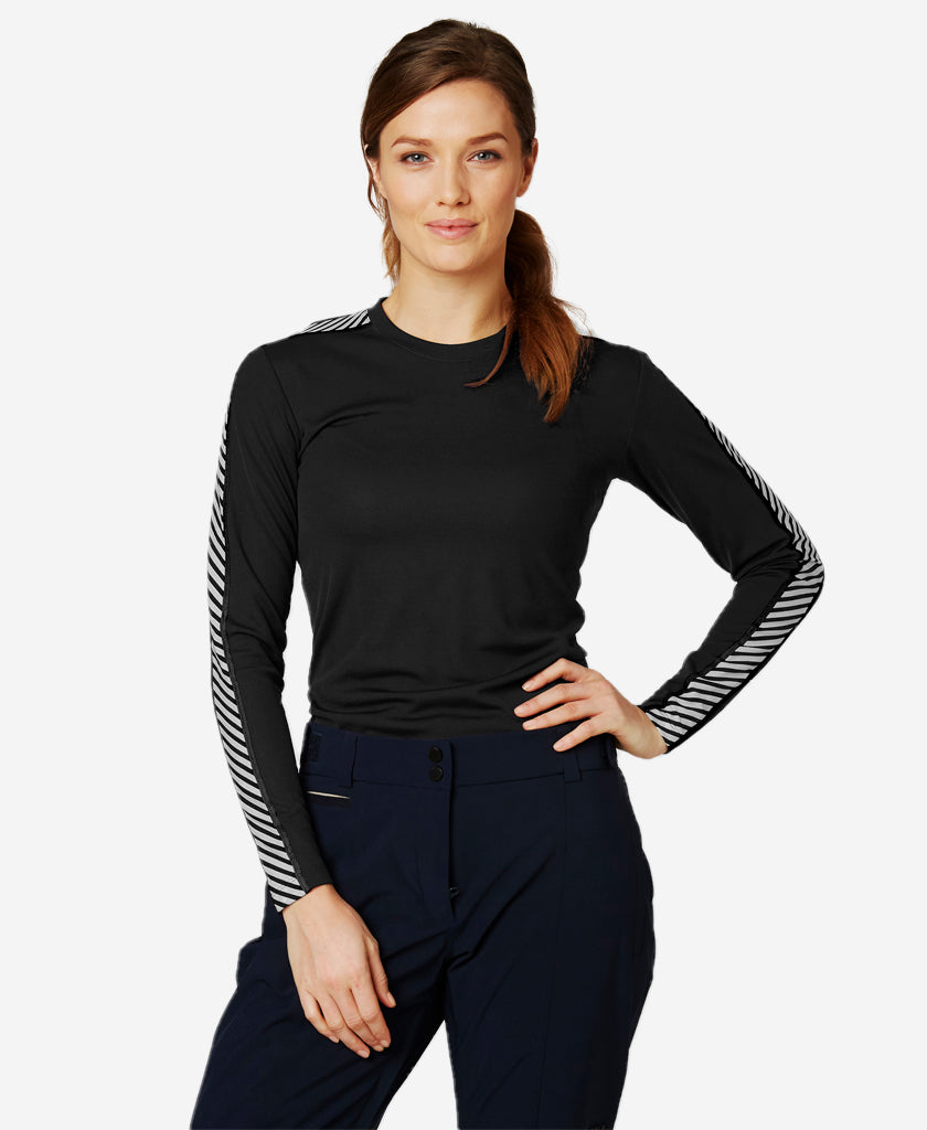 Image of a model wearing Tops. Product name - W HH LIFA CREW, Black in Black colour by brand - Helly Hansen