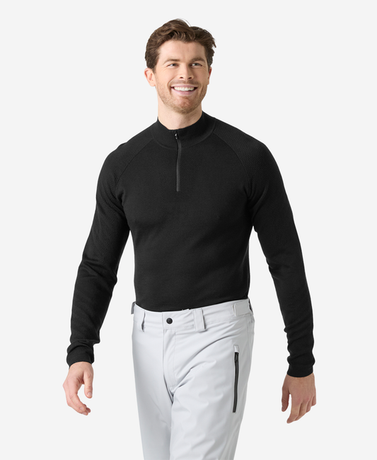 Image of a model wearing Tops. Product name - LIFA MERINO KNITEVO 1/2 ZIP, Black in Black colour by brand - Helly Hansen