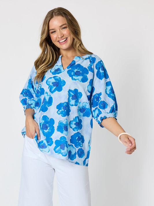 Image of a model wearing Tops. Product name - Poppies Floral Print Top Aqua Multi in Aqua Multi colour by brand - Threadz