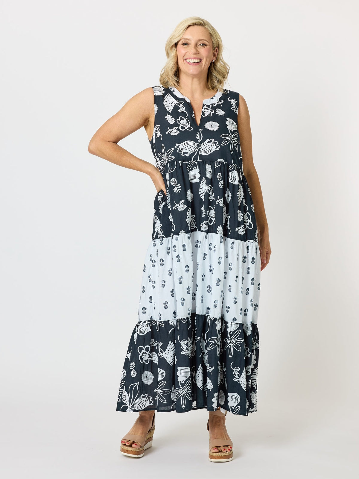 Image of Dresses. Product name - Palm Springs Print Dress Navy/White in Navy/White colour by brand - Gordon Smith