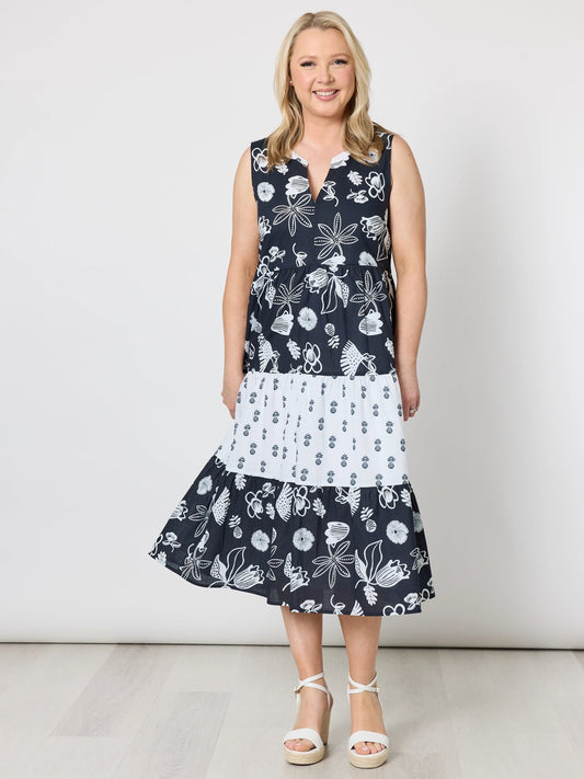 Image of Dresses. Product name - Palm Springs Print Dress Navy/White in Navy/White colour by brand - Gordon Smith