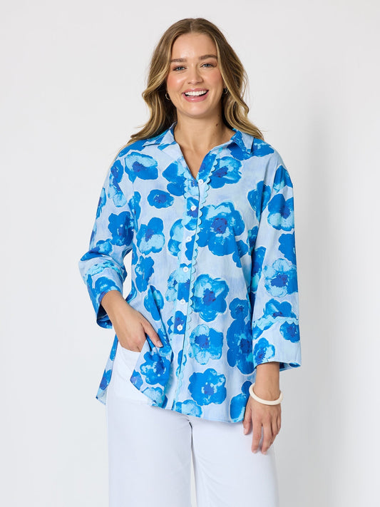 Image of Shirts. Product name - Poppies Floral Print Shirt Aqua Multi in Aqua Multi colour by brand - Threadz