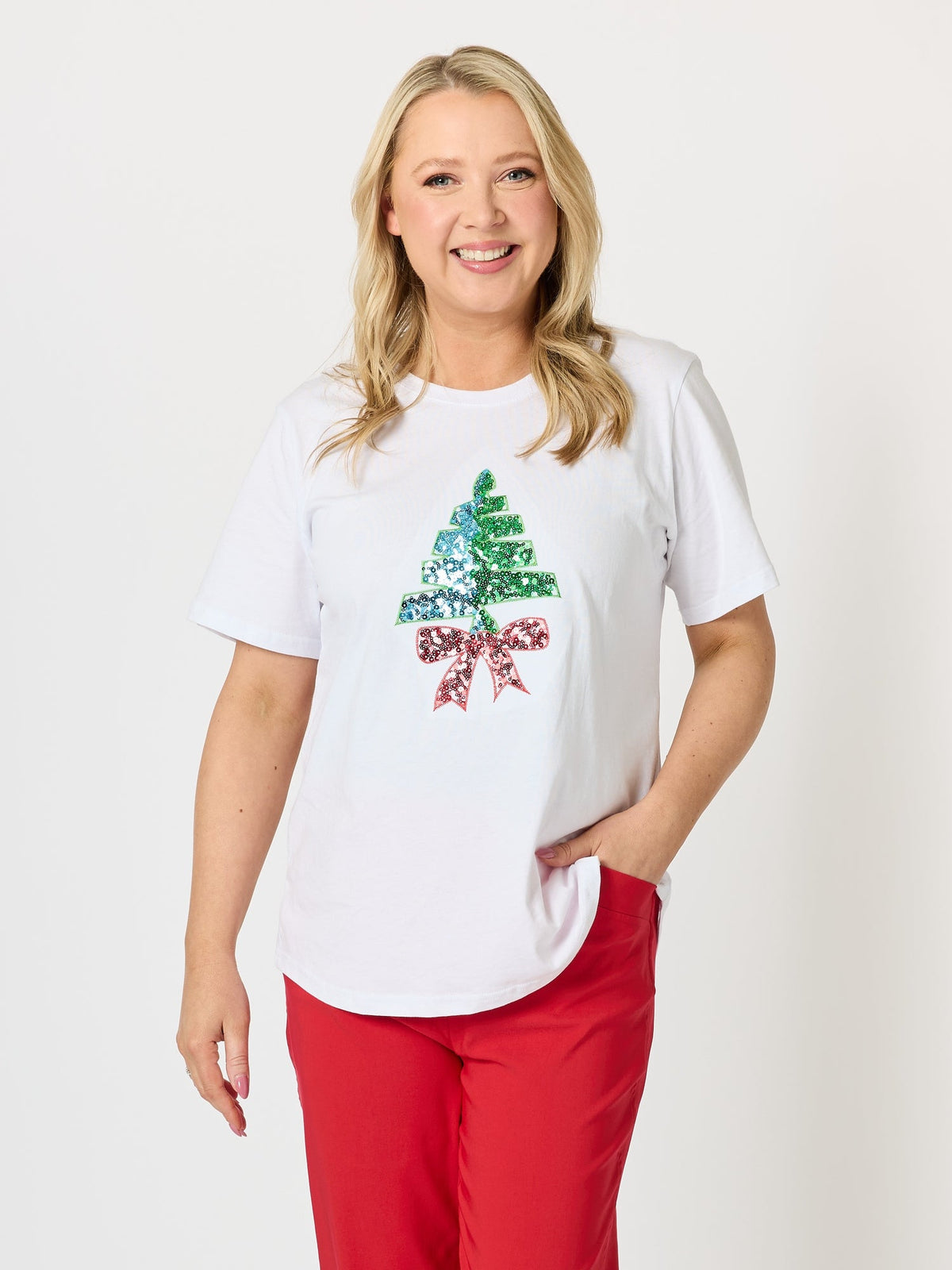 Image of T-Shirts. Product name - Sequin Xmas Tree Tee White Multi in White Multi colour by brand - Threadz