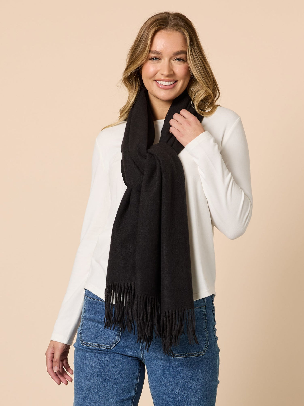 Image of Scarves & Shawls. Product name - Cosy Fringe Scarf Black in Black colour by brand - Threadz