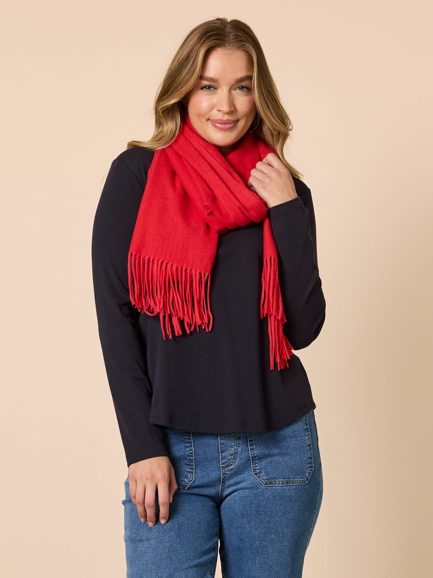 Image of Scarves & Shawls. Product name - Cosy Fringe Scarf Red in Red colour by brand - Threadz