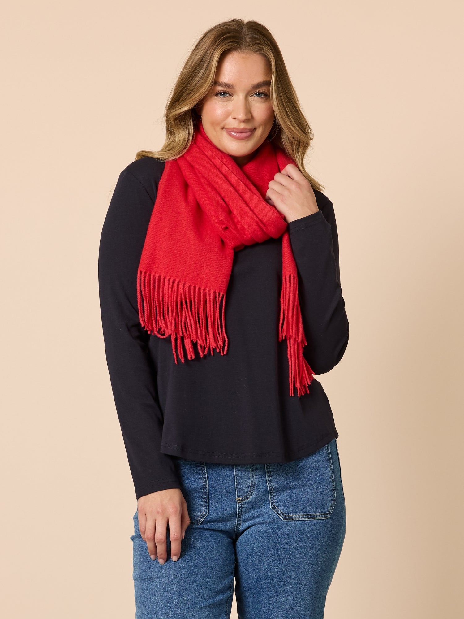 Image of Scarves & Shawls. Product name - Cosy Fringe Scarf Red in Red colour by brand - Threadz