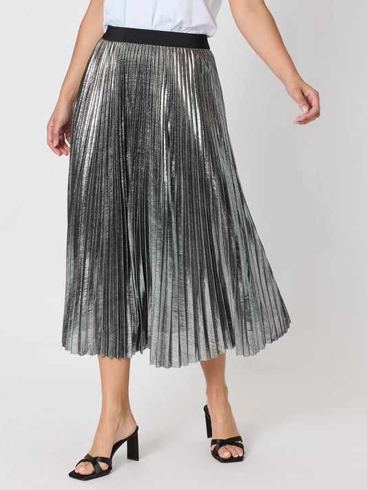 Image of a model wearing Skirts. Product name - Shimmer Pleated Skirt Silver in Silver colour by brand - Threadz