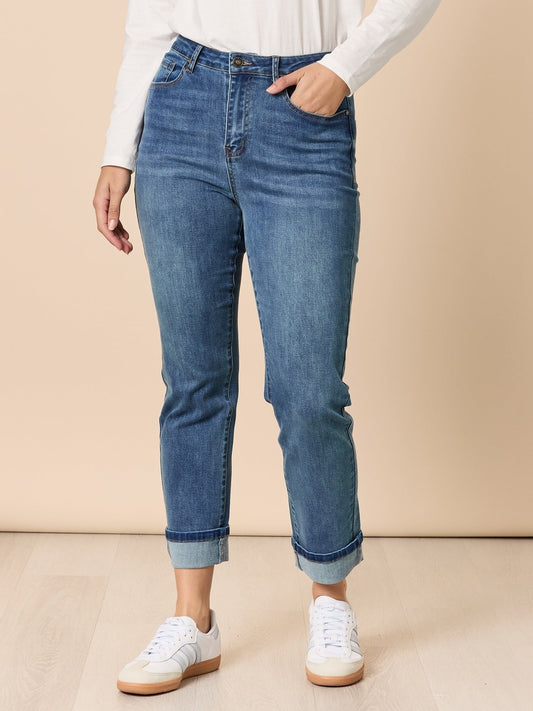 Image of Jeans. Product name - Retro Cuff Straight Leg Jean Denim in Denim colour by brand - Threadz