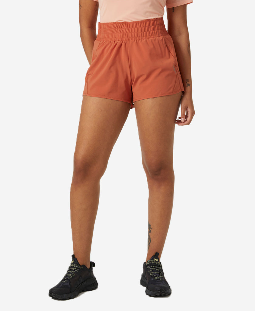 Image of a model wearing Shorts. Product name - W TECH TRAIL SHORTS, Terracotta in Terracotta colour by brand - Helly Hansen
