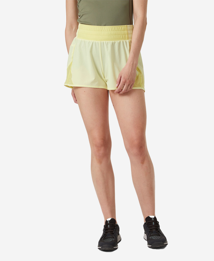 Image of a model wearing Shorts. Product name - W TECH TRAIL SHORTS, Faded Yellow in Faded Yellow colour by brand - Helly Hansen