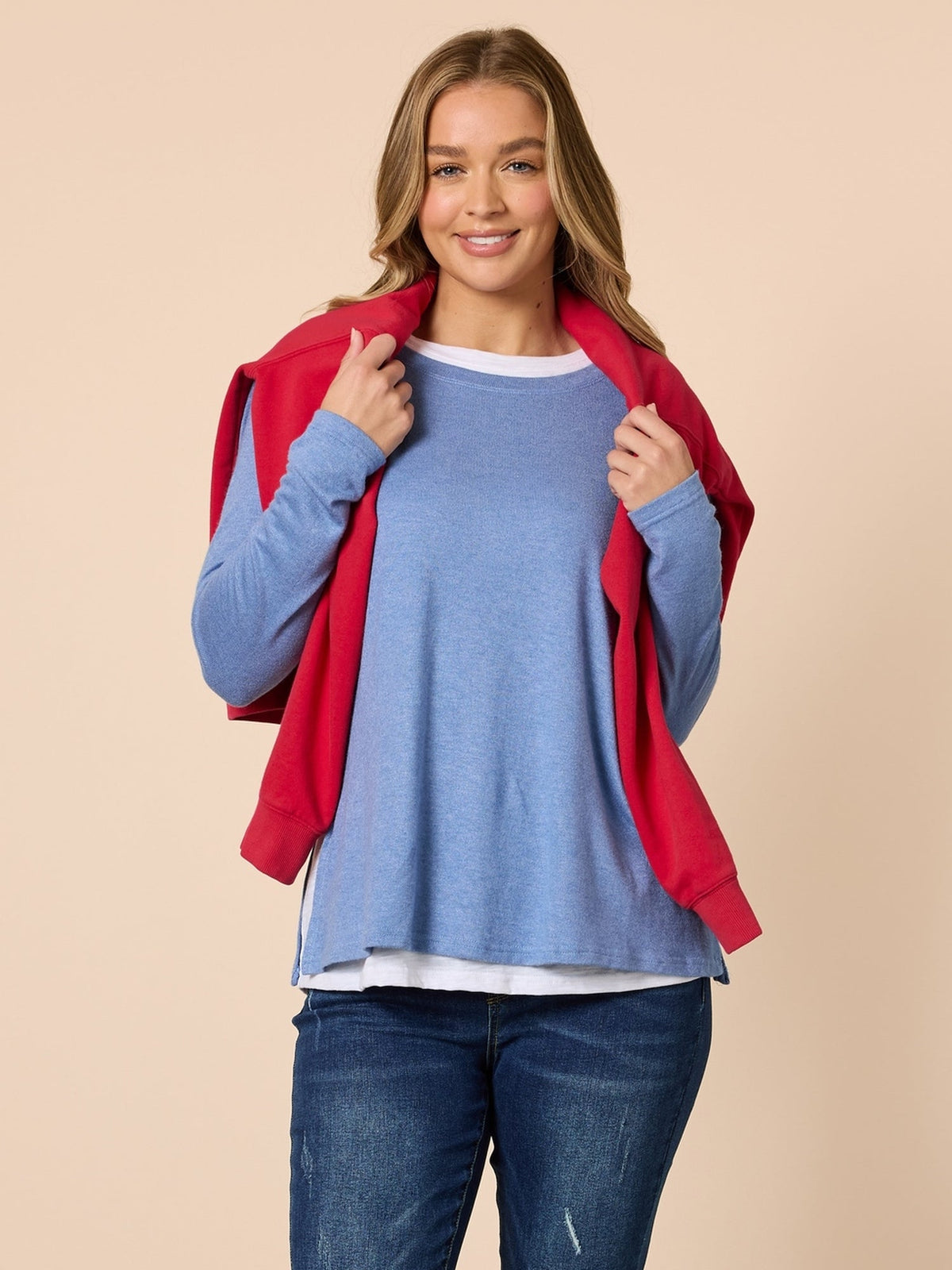 Image of a model wearing Tops. Product name - Alicia 2 in 1 Top Blue in Blue colour by brand - Threadz