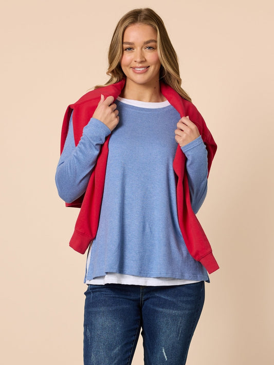 Image of a model wearing Tops. Product name - Alicia 2 in 1 Top Blue in Blue colour by brand - Threadz