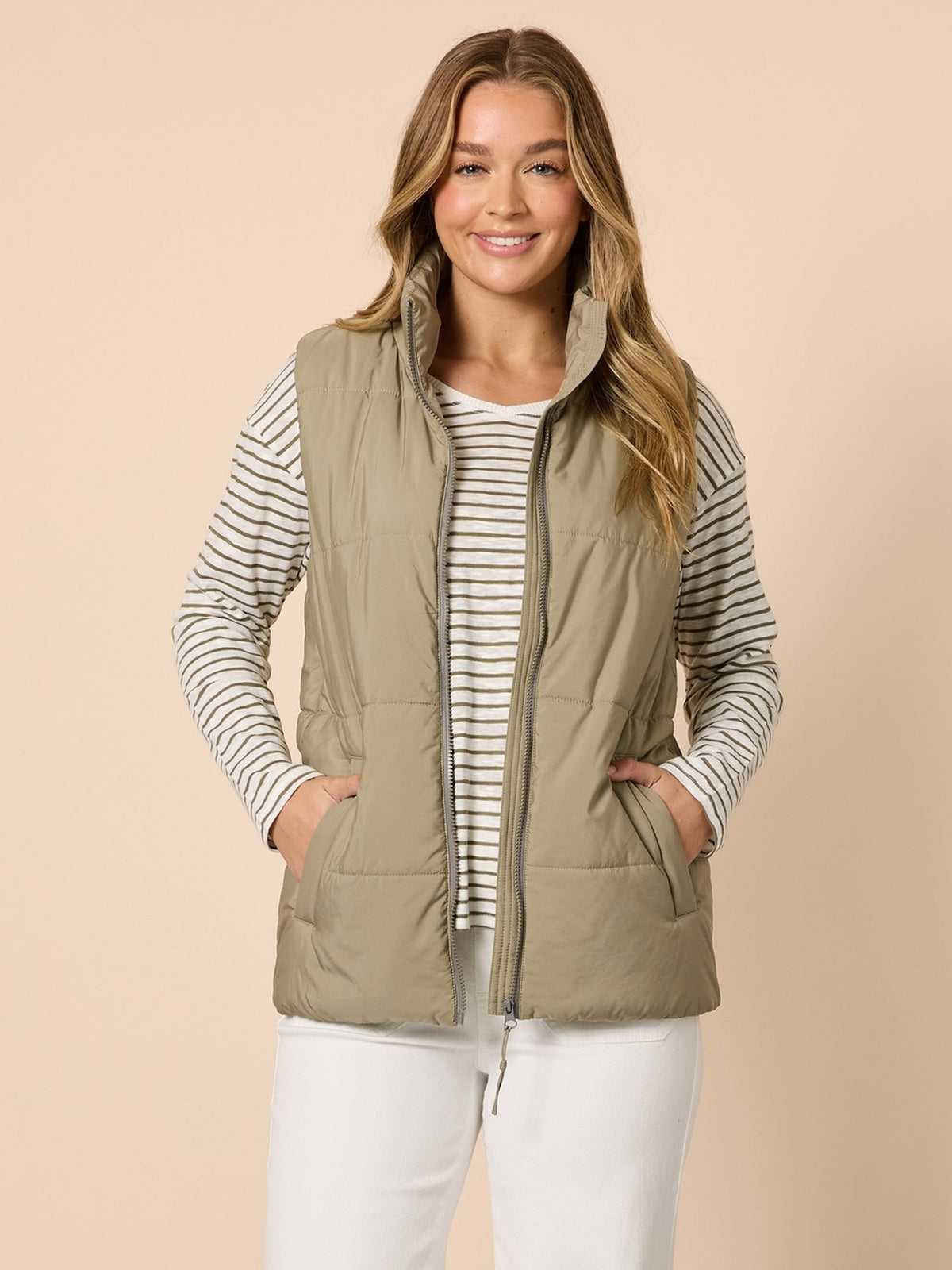 Image of Coats & Jackets. Product name - The Alpine Vest Khaki in Khaki colour by brand - Threadz