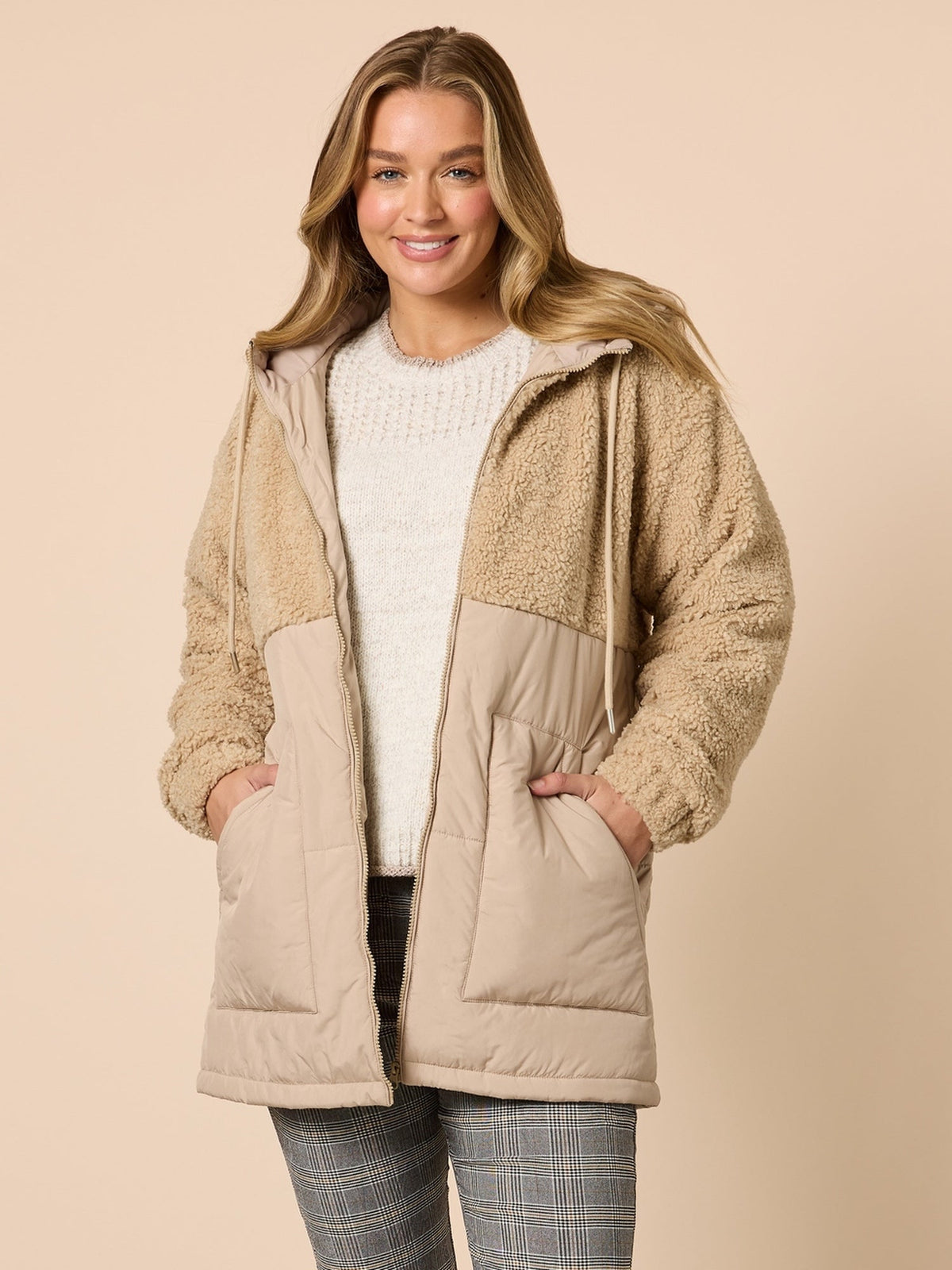 Image of Coats & Jackets. Product name - The Teddy Jacket Natural in Natural colour by brand - Threadz