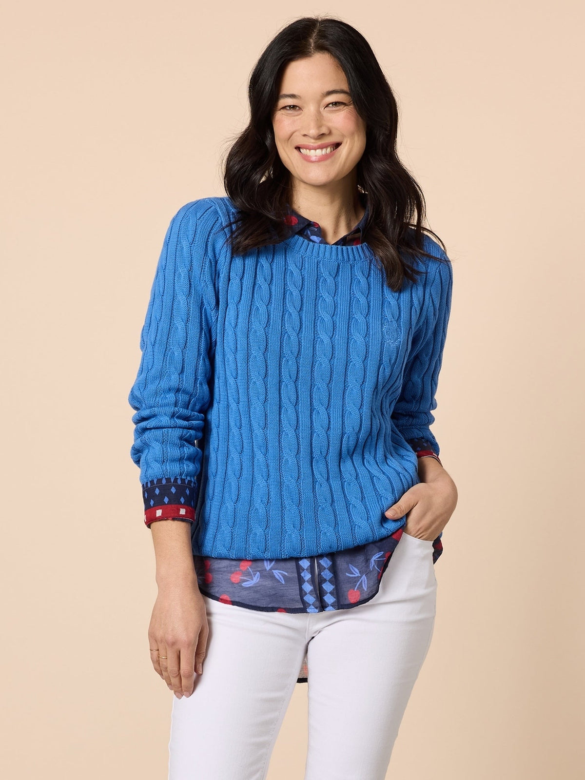 Image of a model wearing Tops. Product name - Hampton Cable Jumper Cobalt in Cobalt colour by brand - Gordon Smith