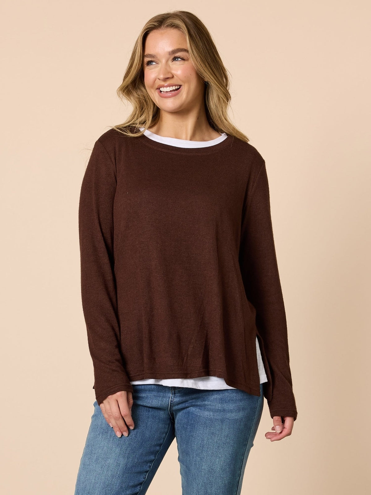 Image of a model wearing Tops. Product name - Alicia 2 in 1 Top Coffee in Coffee colour by brand - Threadz