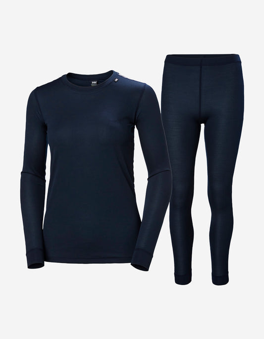 Image of a model wearing Tops. Product name - W HH COMFORT LIGHT SET, Navy in Navy colour by brand - Helly Hansen