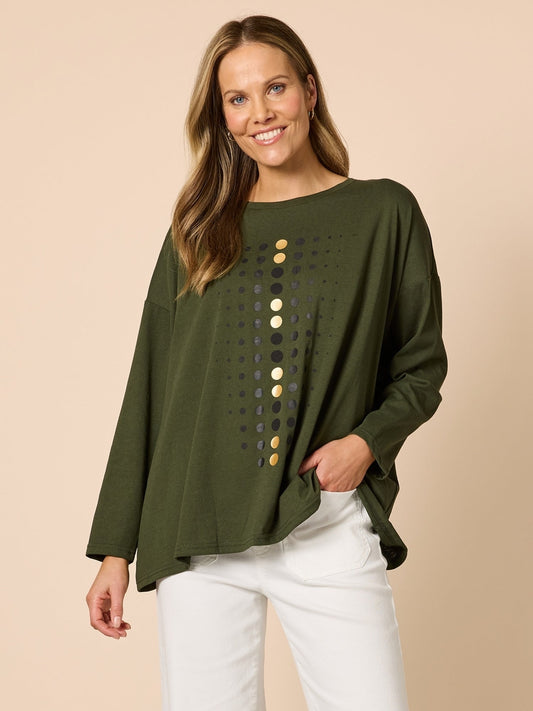 Image of a model wearing Tops. Product name - Elise Spot Top Khaki in Khaki colour by brand - Clarity