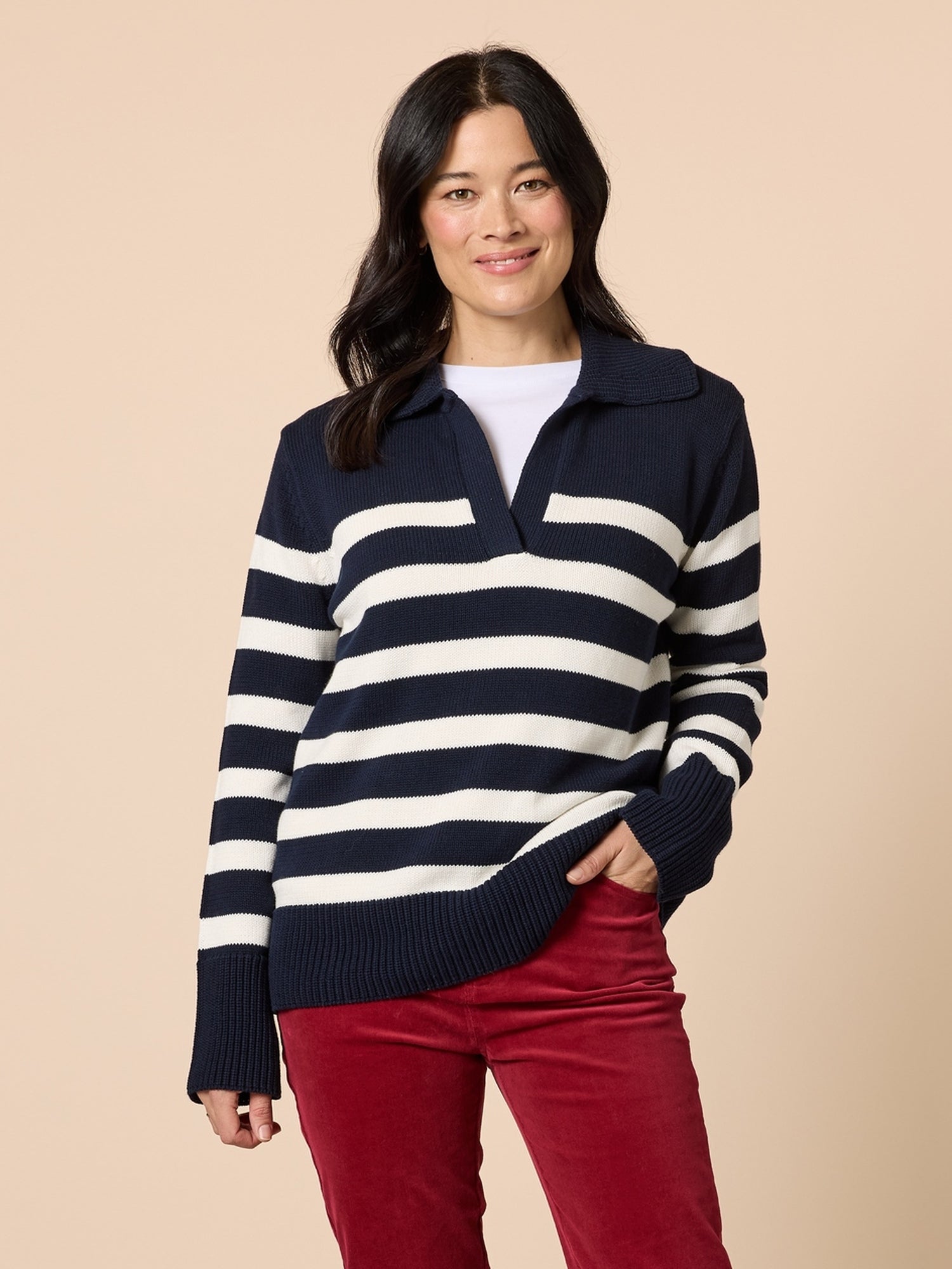 Image of a model wearing Tops. Product name - Bel Air Stripe Knit Navy/Ivory in Navy/Ivory colour by brand - Gordon Smith