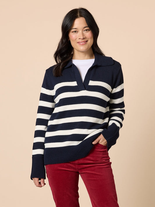 Image of a model wearing Tops. Product name - Bel Air Stripe Knit Navy/Ivory in Navy/Ivory colour by brand - Gordon Smith