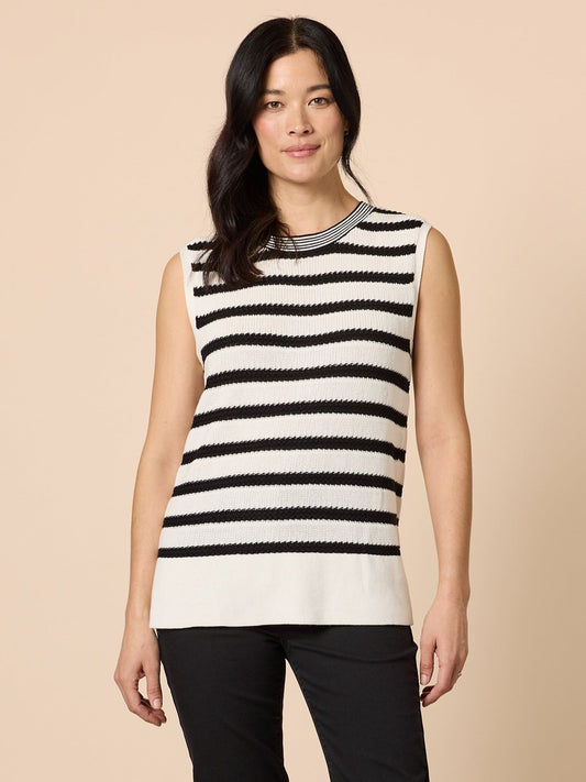 Image of a model wearing Tops. Product name - City Stripe Knit Ivory/Black in Ivory/Black colour by brand - Gordon Smith
