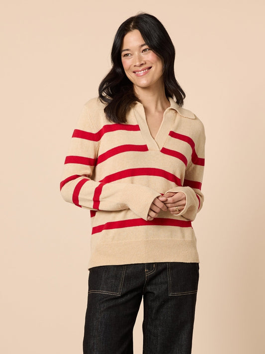 Image of a model wearing Tops. Product name - Montrose Stripe Knit Natural Red in Natural Red colour by brand - Gordon Smith