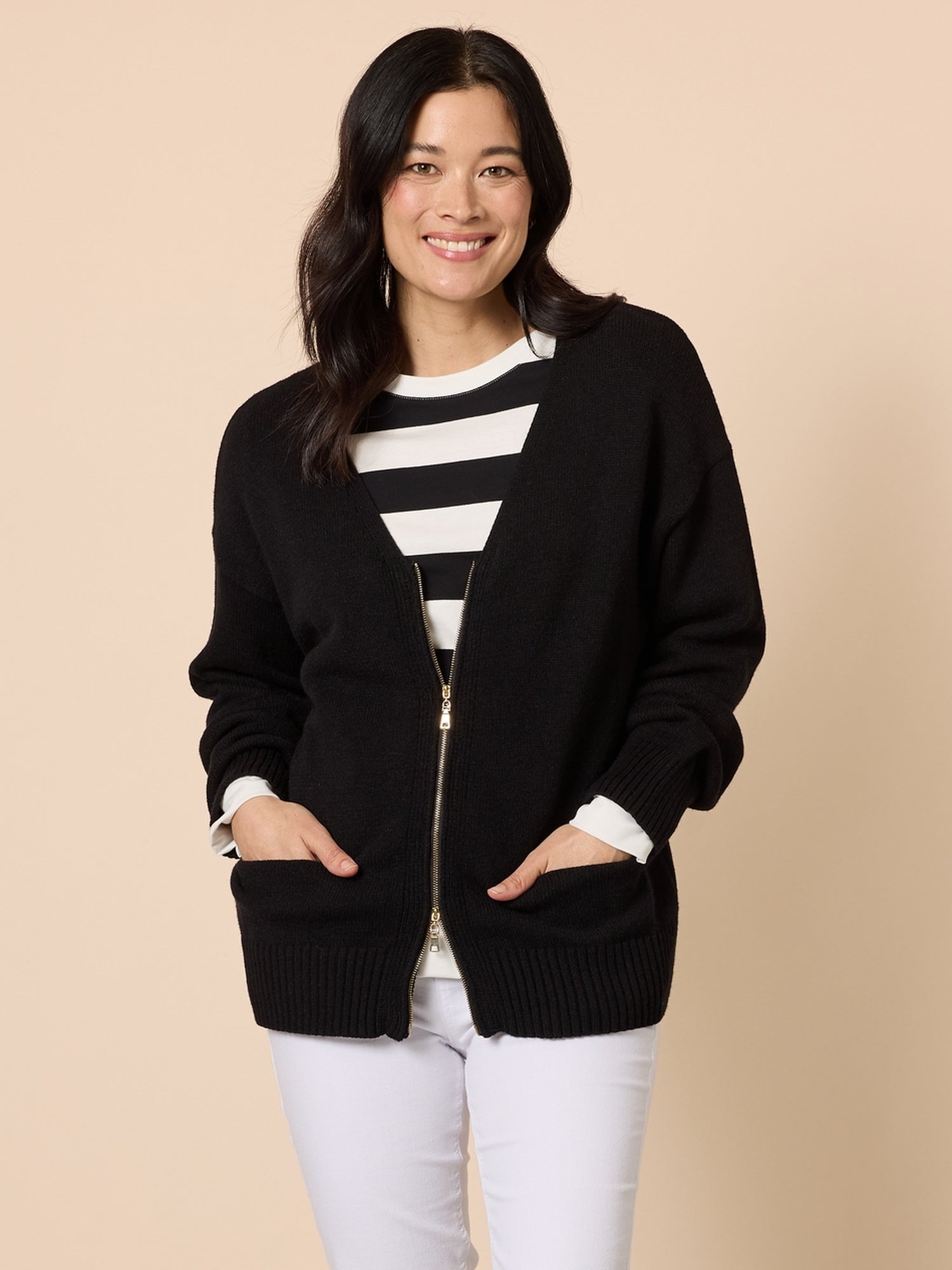 Image of Cardigans. Product name - Manhattan Zip Cardi Black in Black colour by brand - Gordon Smith