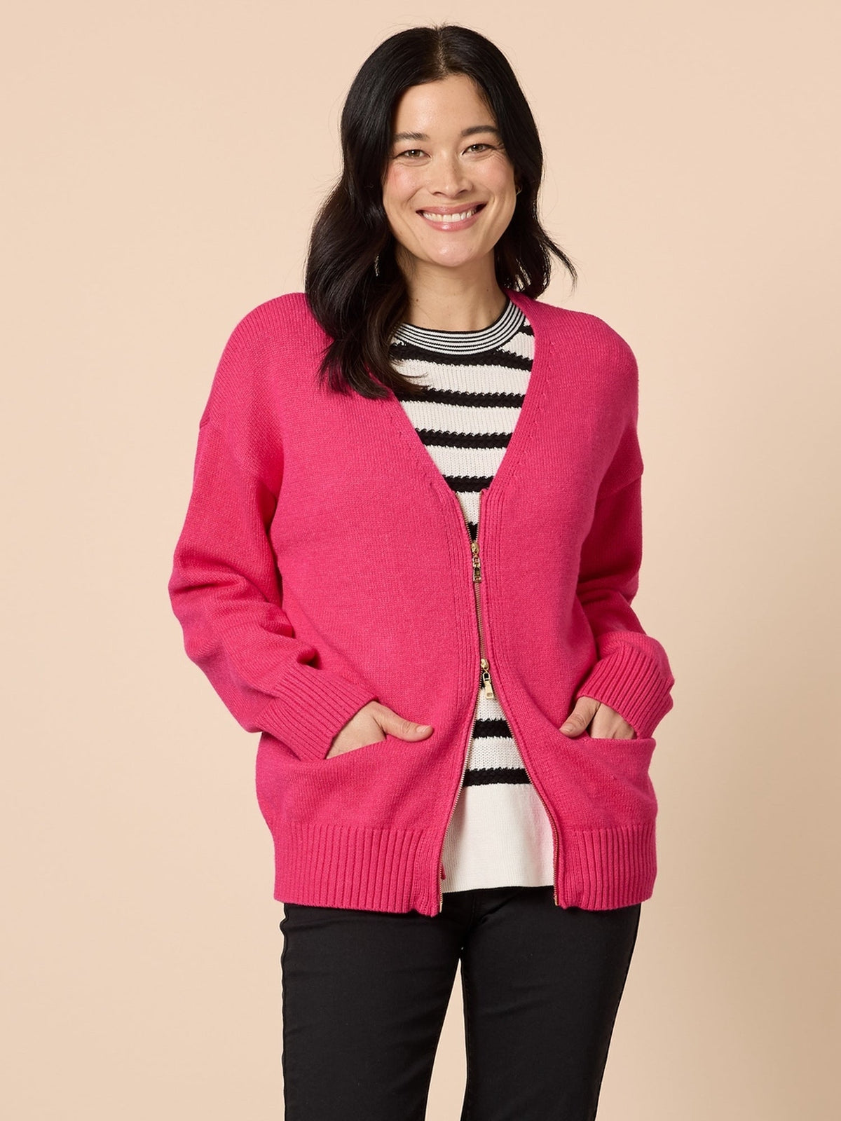 Image of Cardigans. Product name - Manhattan Zip Cardi Hot Pink in Hot Pink colour by brand - Gordon Smith