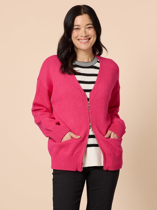 Image of Cardigans. Product name - Manhattan Zip Cardi Hot Pink in Hot Pink colour by brand - Gordon Smith