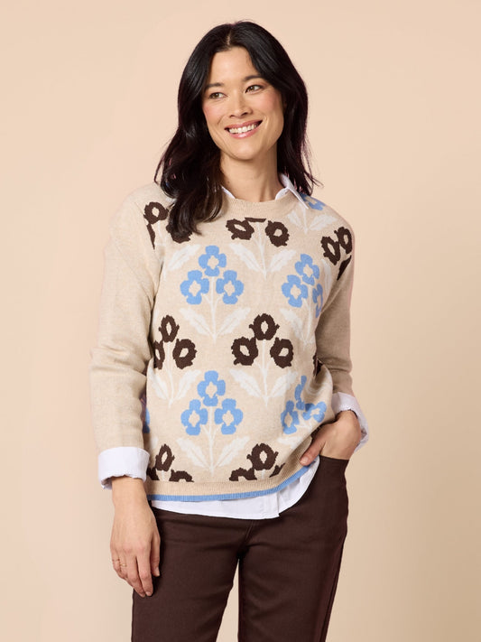 Image of a model wearing Tops. Product name - Vermont Knit Jumper Natural Multi in Natural Multi colour by brand - Gordon Smith
