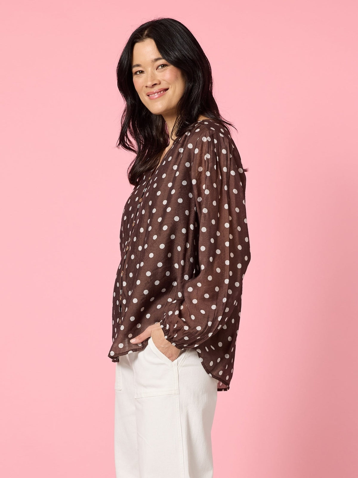 Gordon Smith Aurora Spot Print Sheer Top (Coffee White)