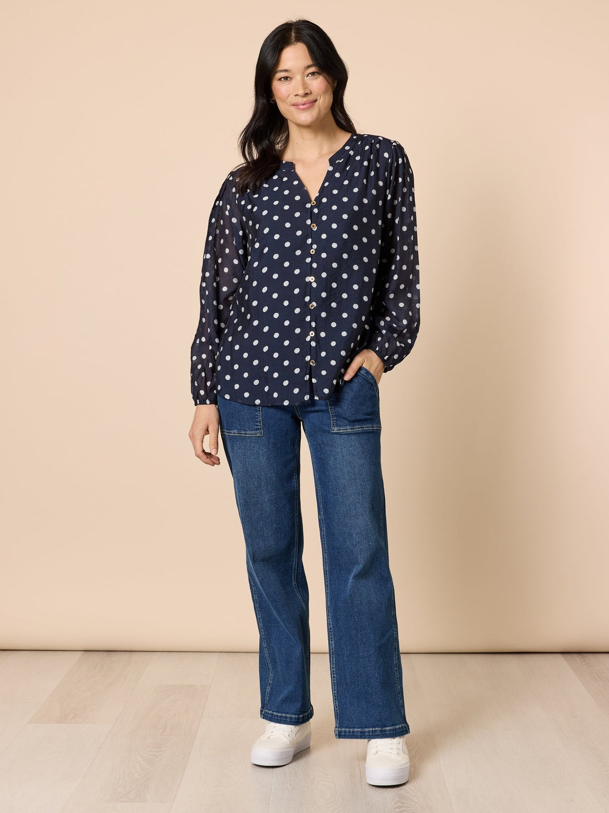 Gordon Smith Aurora Spot Print Sheer Top (Navy/White)
