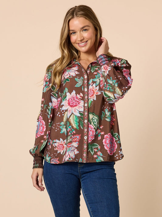 Image of Shirts. Product name - Bouquet Print Shirt Chocolate Multi in Chocolate Multi colour by brand - Threadz