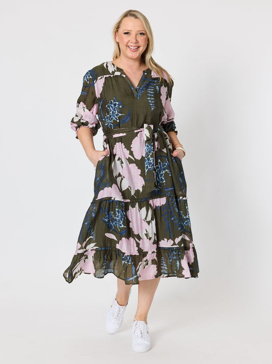 Image of Dresses. Product name - Colorado Print Dress Khaki Multi in Khaki Multi colour by brand - Gordon Smith