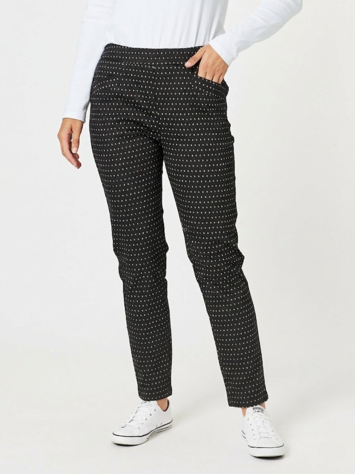 Image of a model wearing Pants. Product name - Diamond Pant Black/White in Black/White colour by brand - Gordon Smith