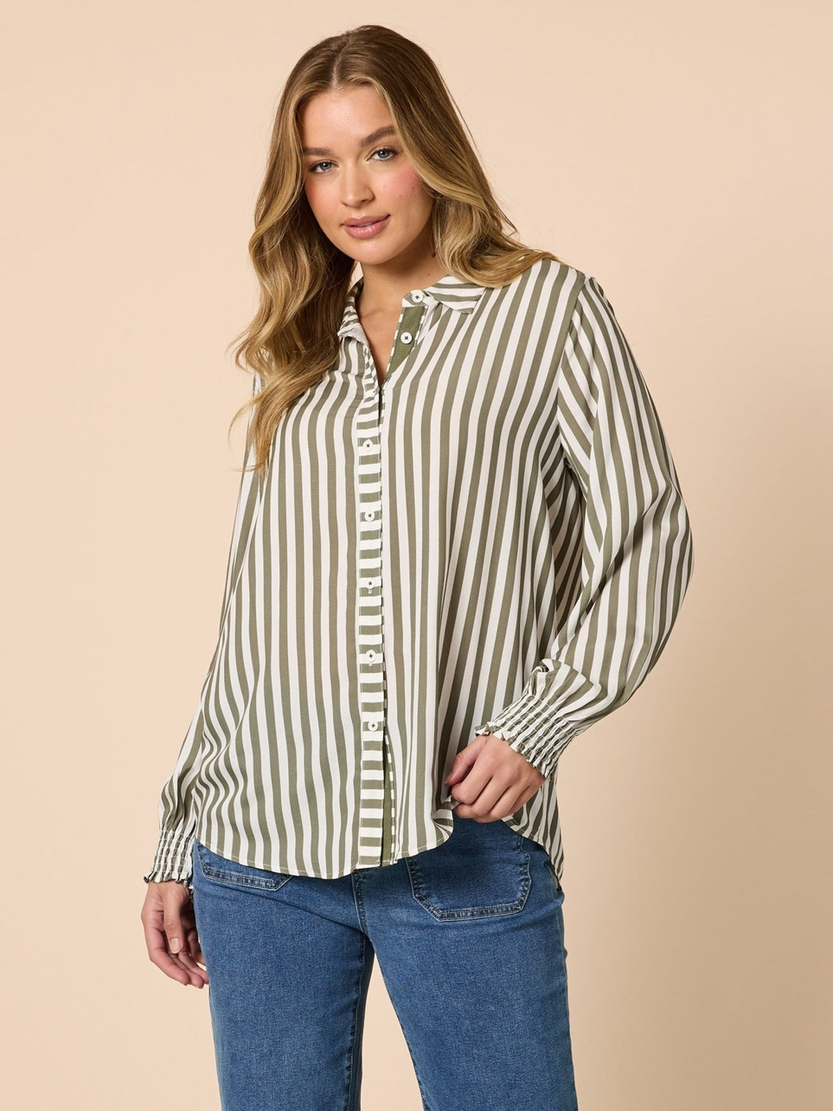 Image of Shirts. Product name - Amour Stripe Shirt Khaki/White in Khaki/White colour by brand - Threadz