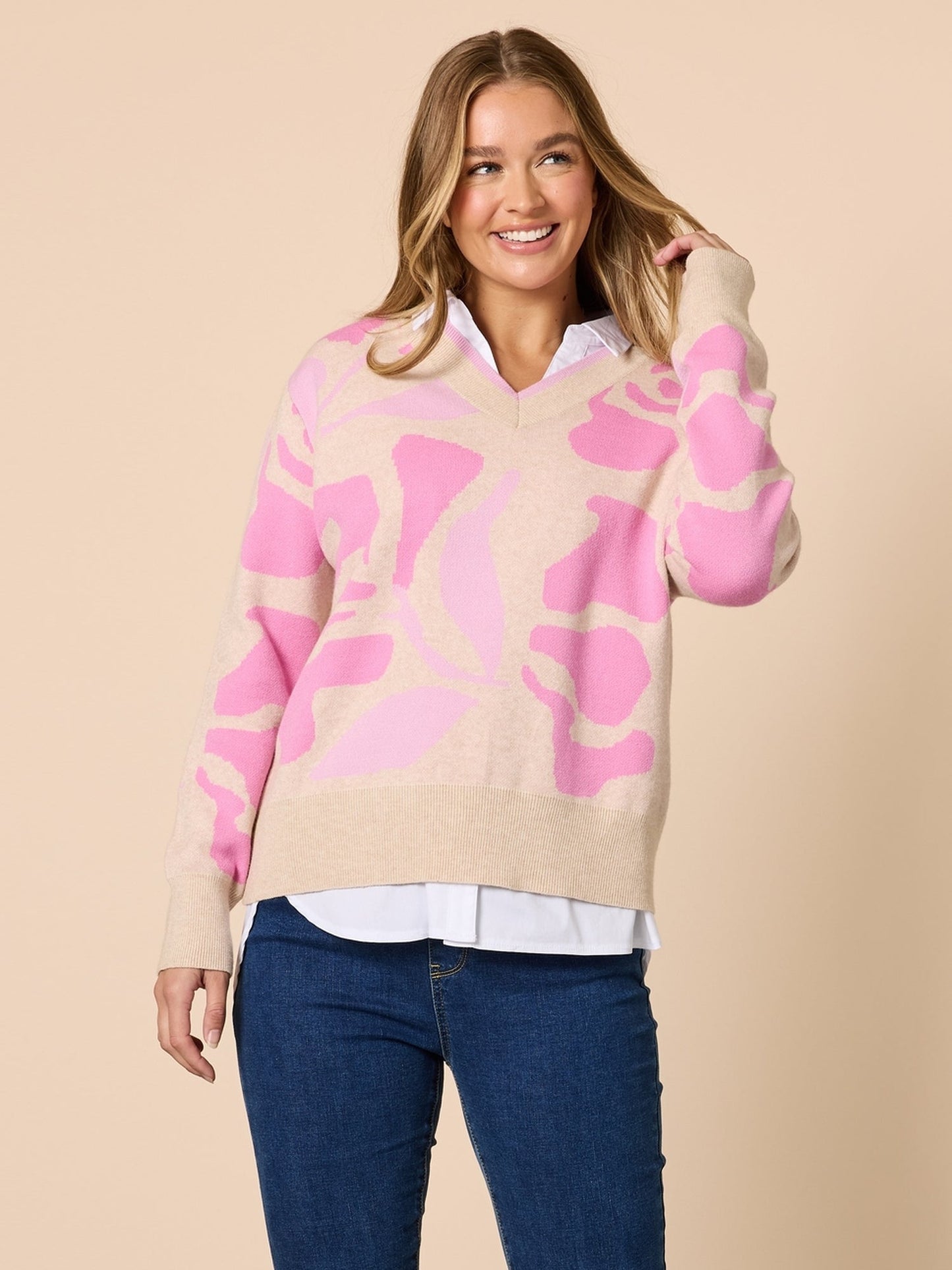 Image of a model wearing Tops. Product name - Blushing Knit Pink/Multi in Pink/Multi colour by brand - Threadz