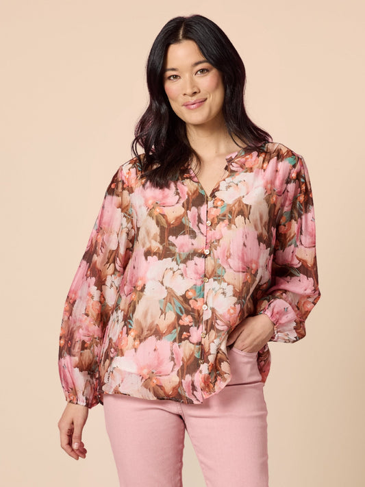Image of a model wearing Tops. Product name - Dakota Print Top Blush Multi in Blush Multi colour by brand - Gordon Smith