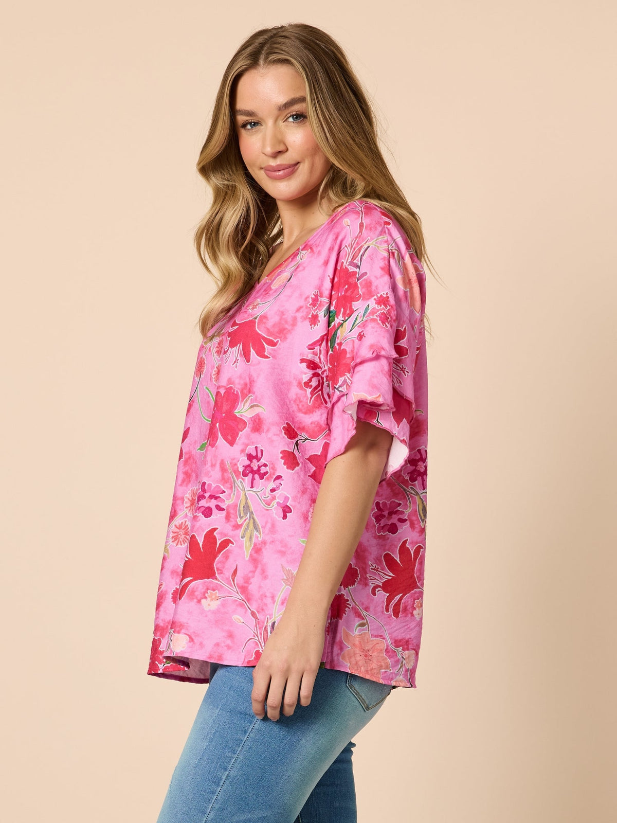 Clarity Summer Gala Floral Print Top (Hot Pink)