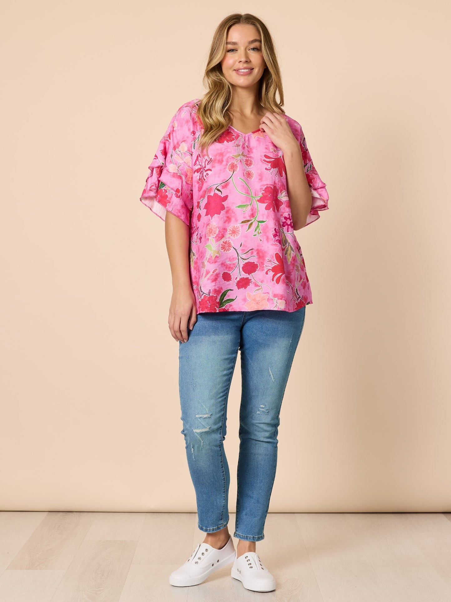 Clarity Summer Gala Floral Print Top (Hot Pink)