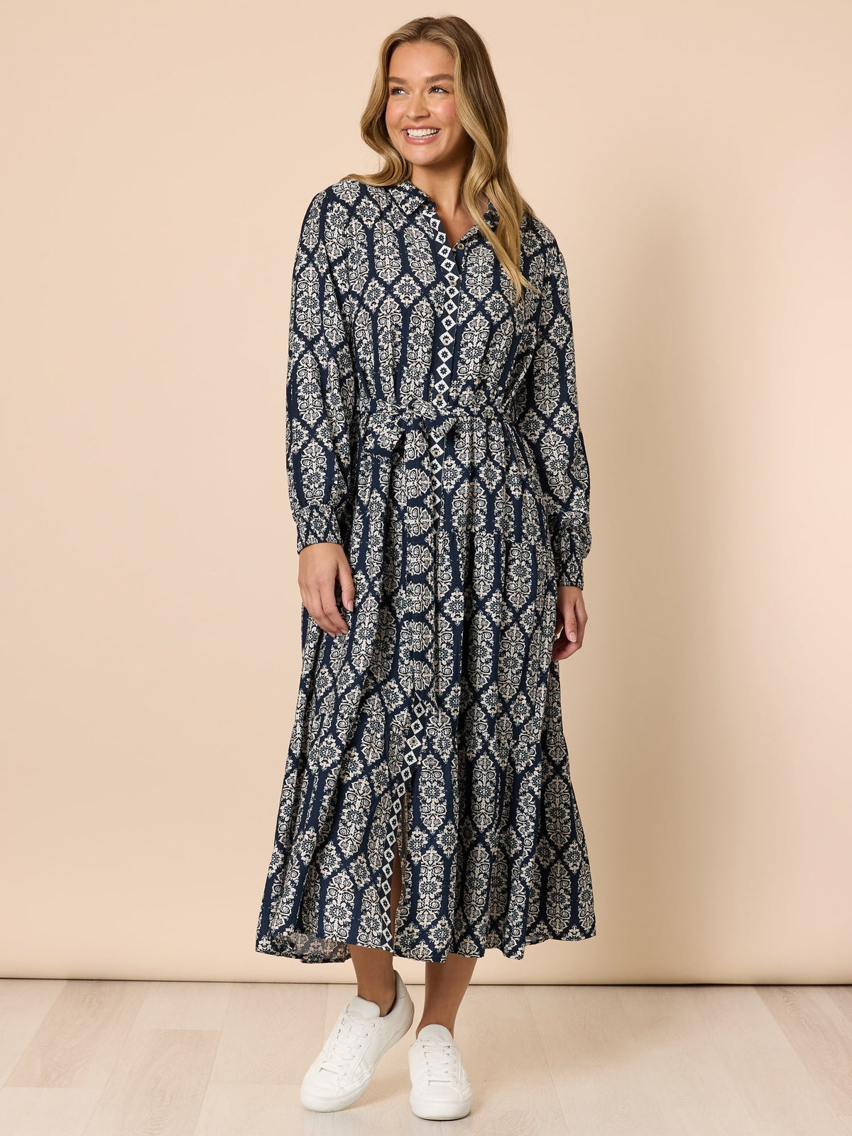 Image of Dresses. Product name - Lola Print Dress Navy/White in Navy/White colour by brand - Threadz