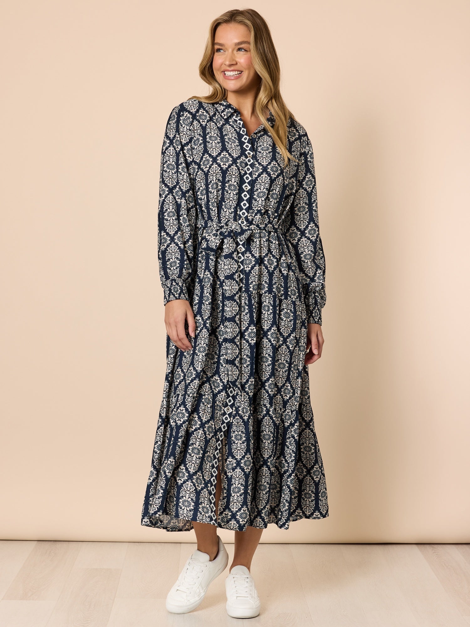 Image of Dresses. Product name - Lola Print Dress Navy/White in Navy/White colour by brand - Threadz