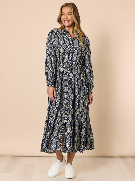 Image of Dresses. Product name - Lola Print Dress Navy/White in Navy/White colour by brand - Threadz