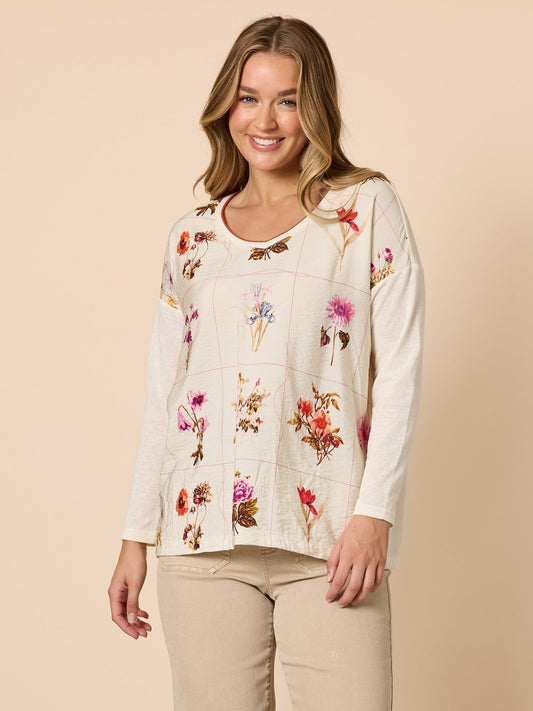 Image of a model wearing Tops. Product name - Central Park Top Natural Multi in Natural Multi colour by brand - Threadz