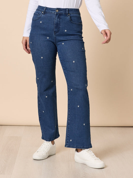 Image of Jeans. Product name - Hollywood Embroidered Star Straight Leg Jean Denim in Denim colour by brand - Gordon Smith