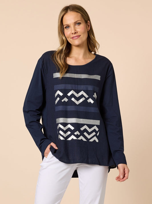 Image of a model wearing Tops. Product name - Lulu Top Navy in Navy colour by brand - Clarity