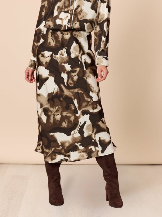 Image of a model wearing Skirts. Product name - Venice Print Skirt Espresso Multi in Espresso Multi colour by brand - Hammock & Vine